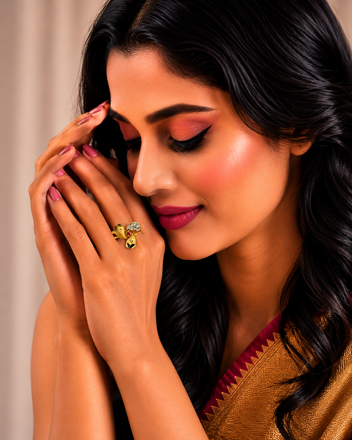 Triangle Ruby Gold Ring with Crystal Border