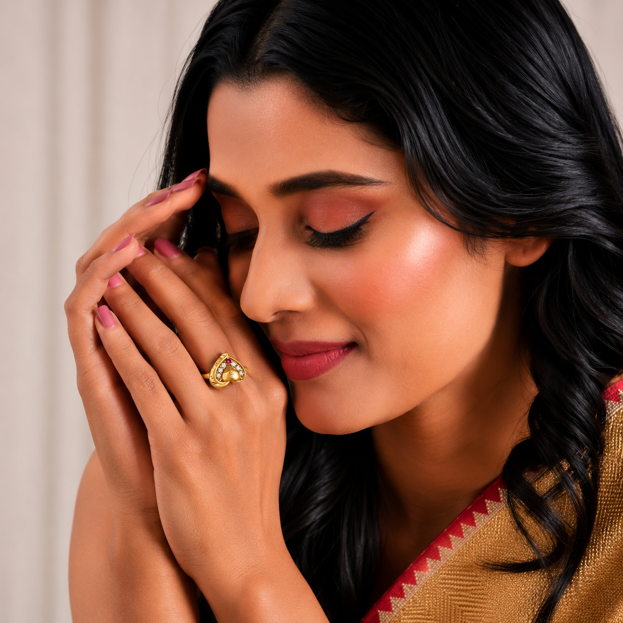 Heart Drop Gold Ring with Red Stone