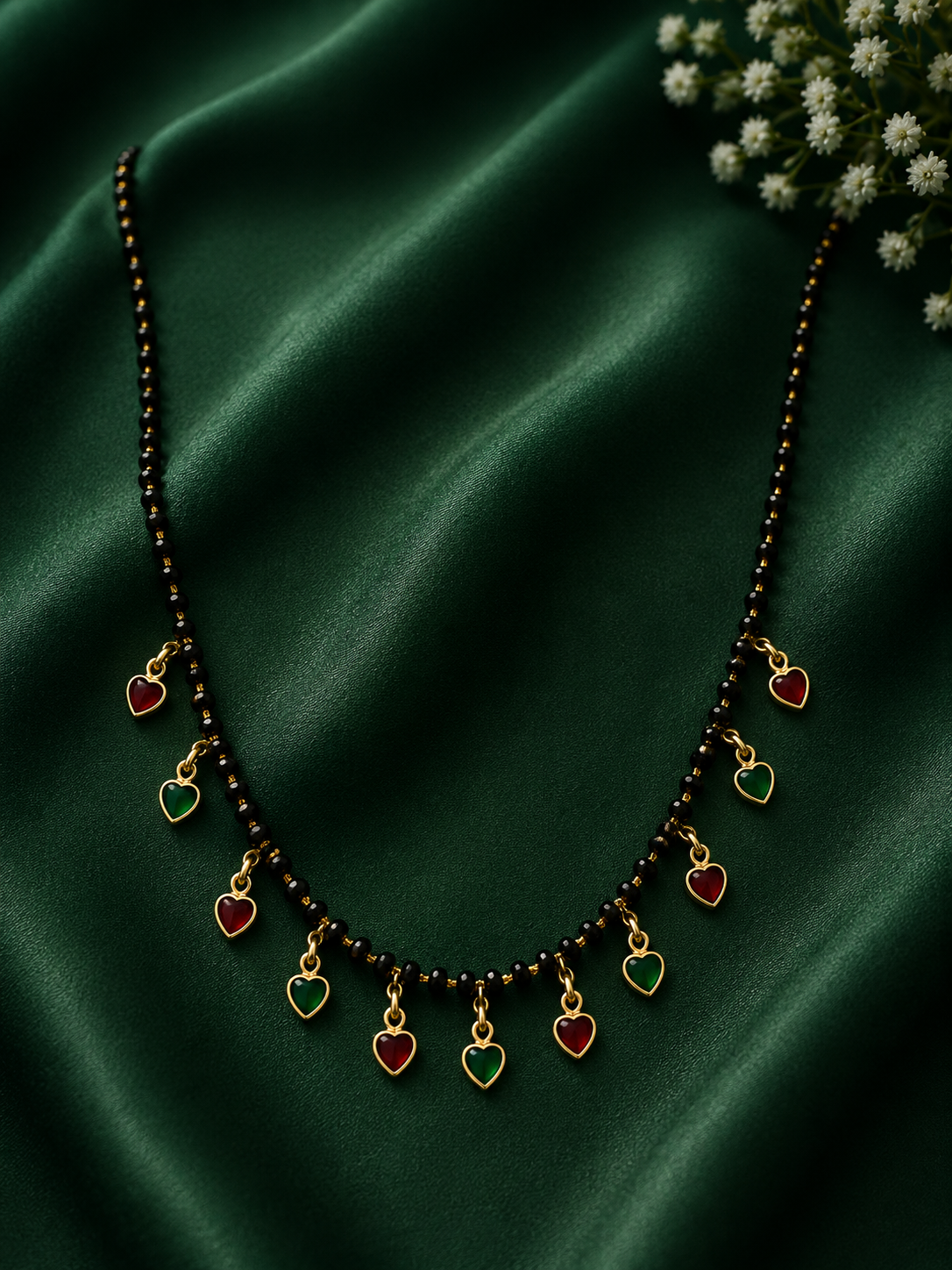 Designer Multicolor Heart Charm Black Bead Mangalsutra Necklace