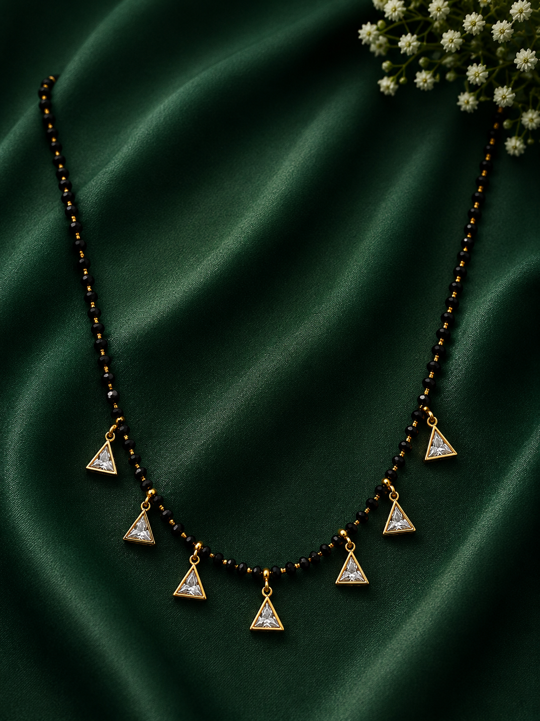 Modern Triangle Charm Black Bead Necklace