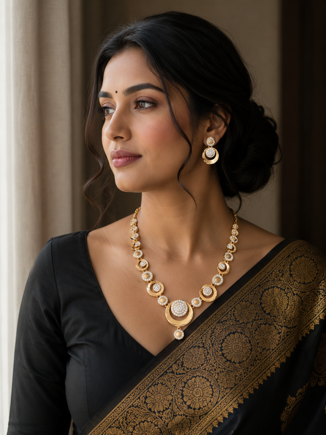 Premium Crystal Circle Gold Plated Necklace &amp; Earrings Set
