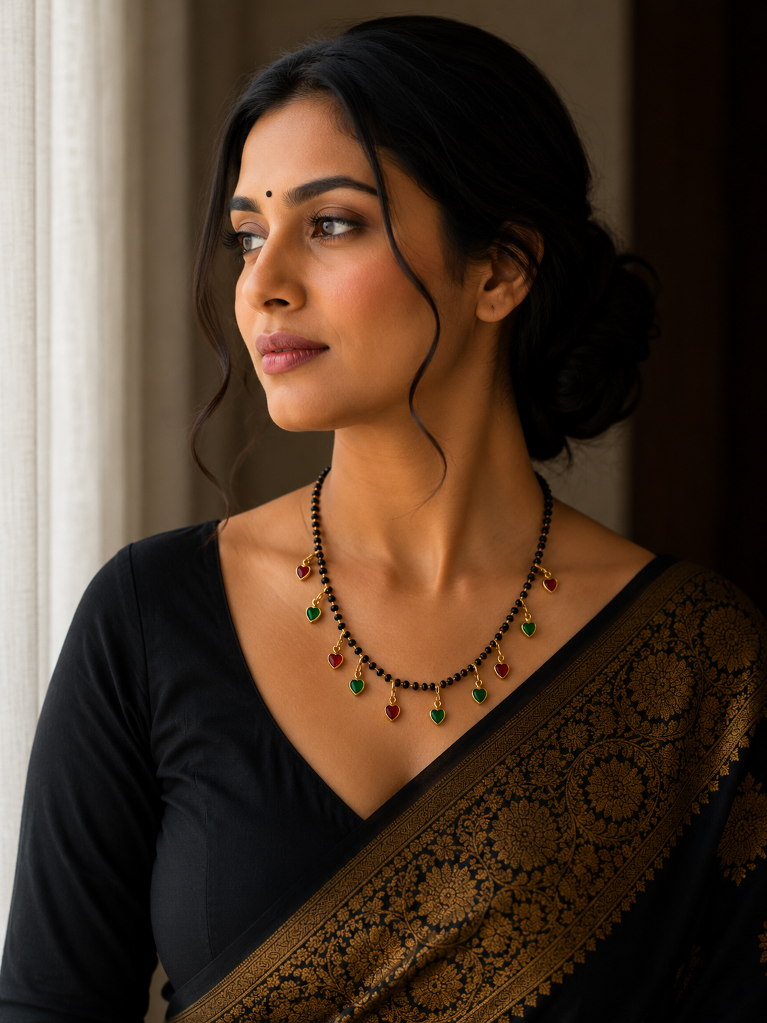 Designer Multicolor Heart Charm Black Bead Mangalsutra Necklace