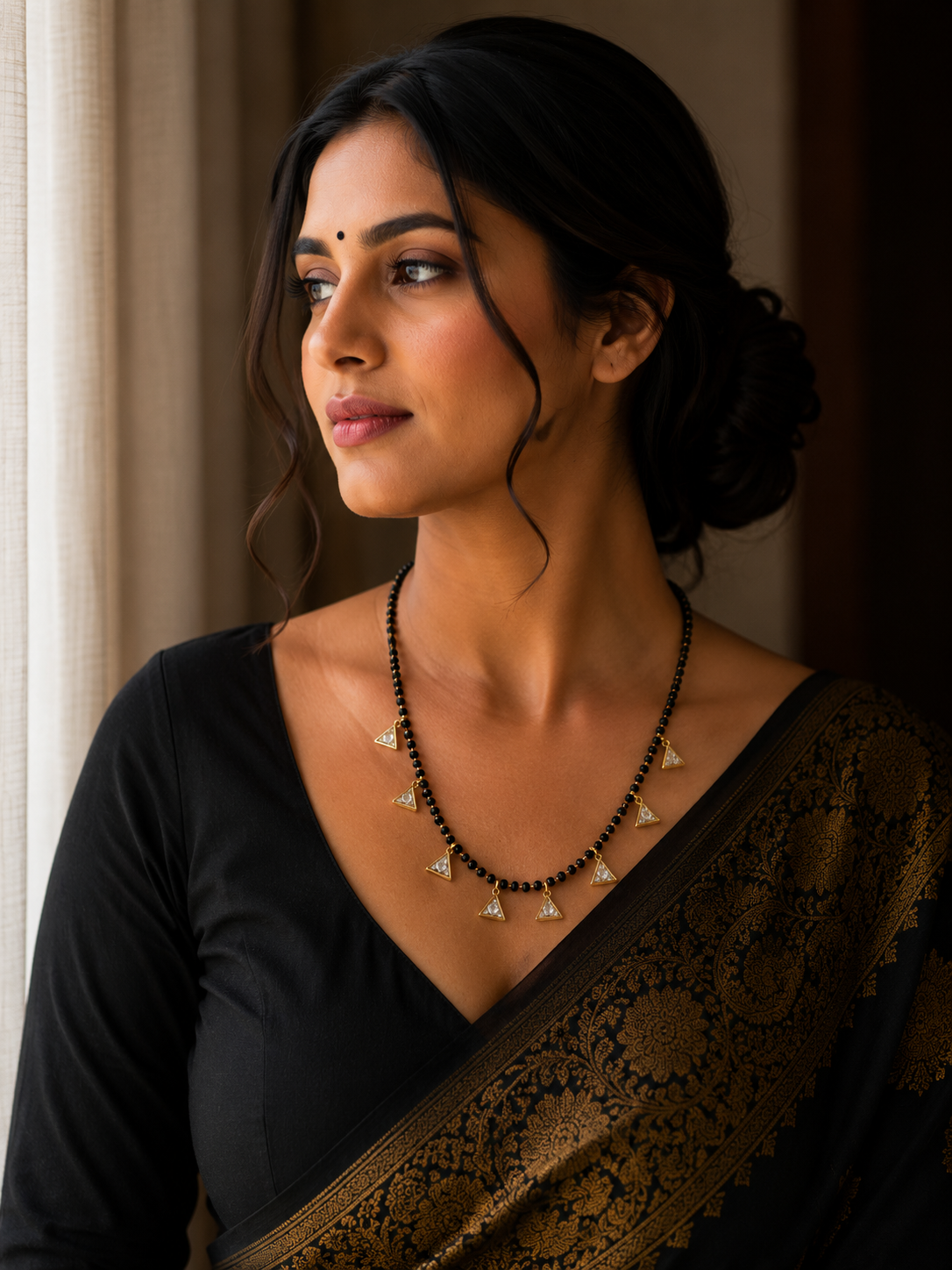 Modern Triangle Charm Black Bead Necklace