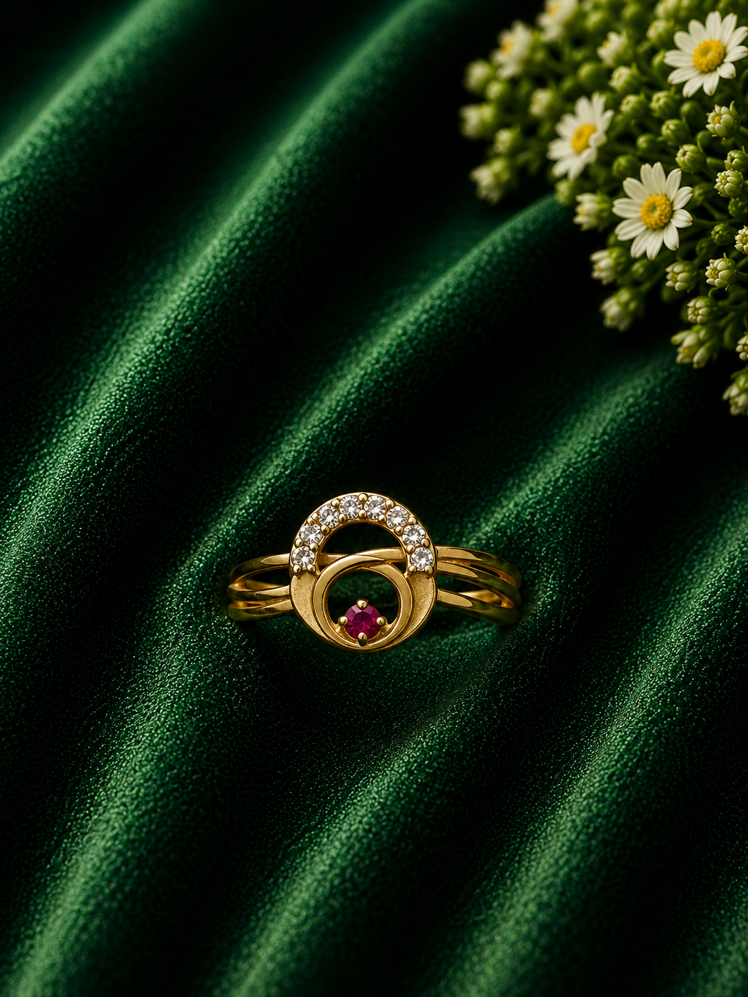 Elegant Spiral Gold Ring with Ruby Accent