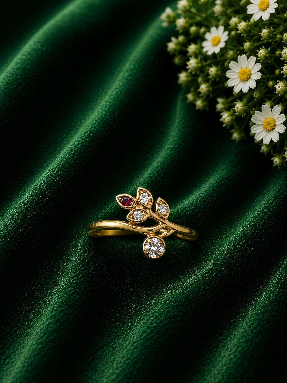 Leaf Charm Gold Ring with Ruby &amp; Crystal Details