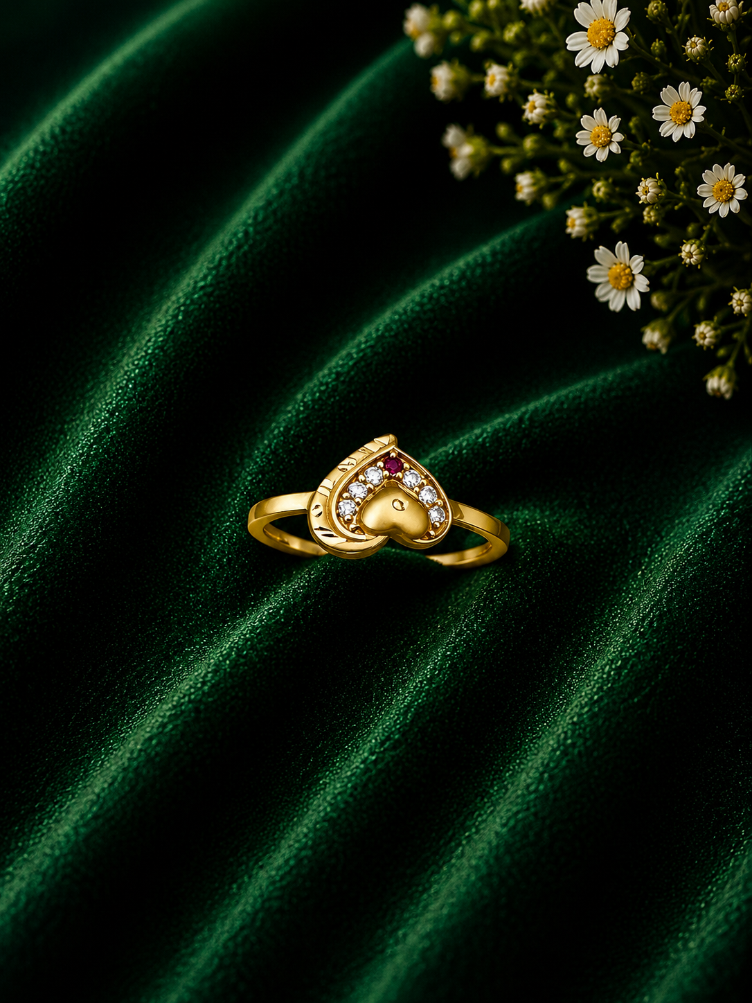 Heart Drop Gold Ring with Red Stone