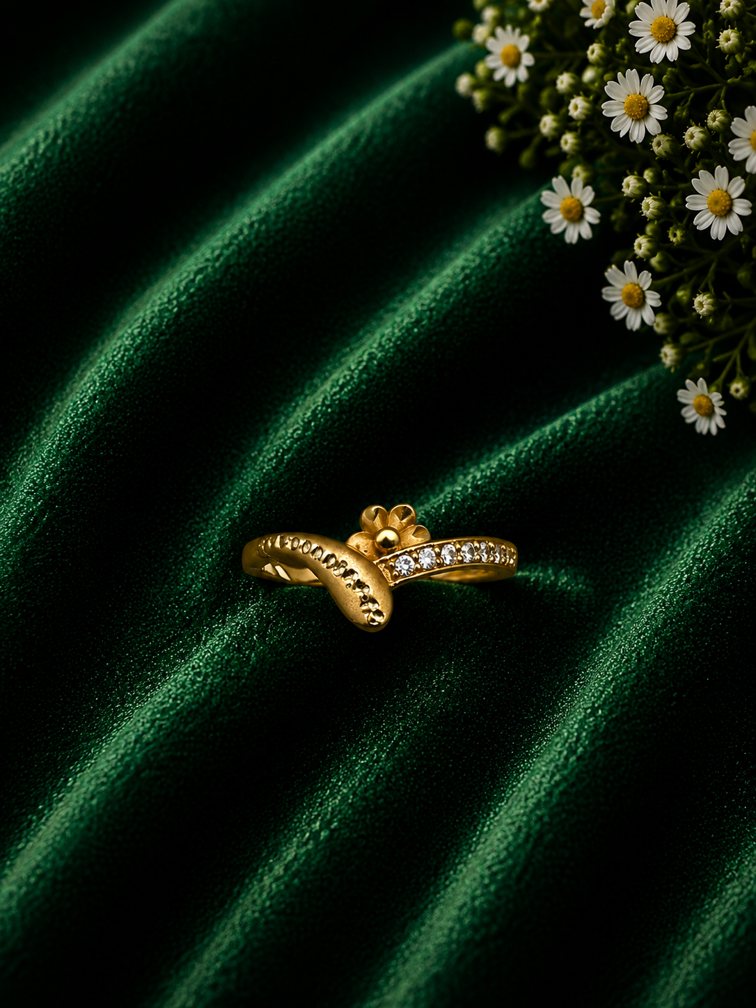 Floral Wave Gold Ring with Crystal Detailing