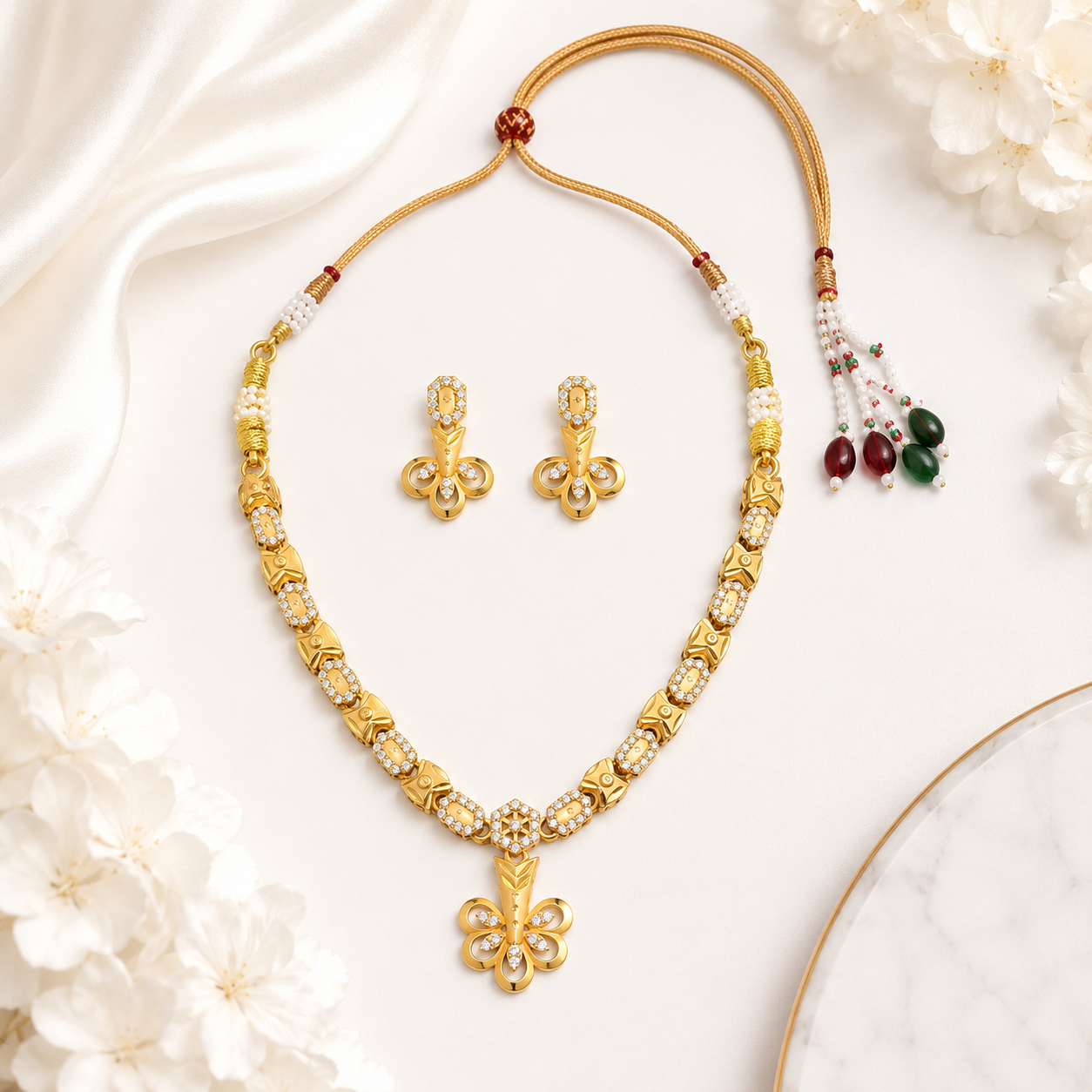 Elegant Floral Crystal Gold Plated Necklace Set with Earrings