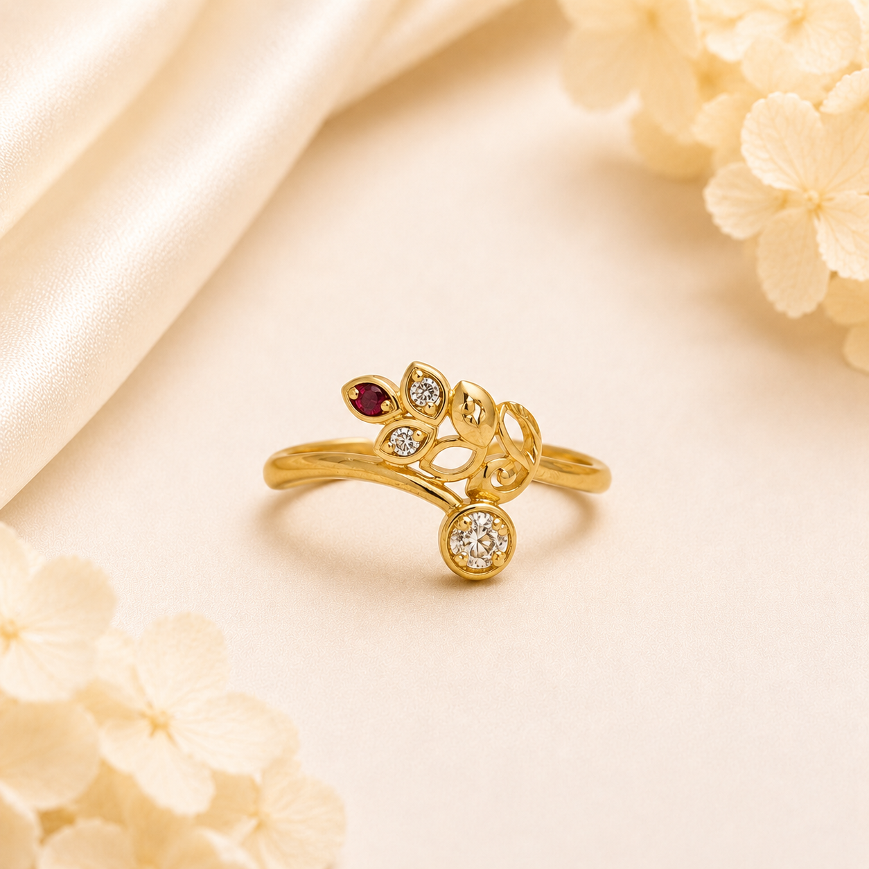 Leaf Charm Gold Ring with Ruby &amp; Crystal Details