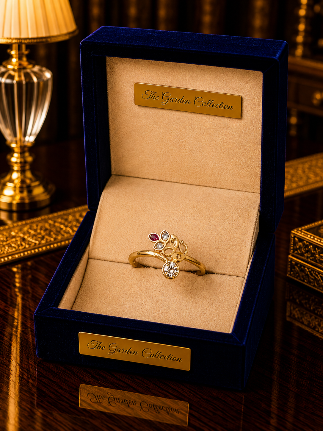 Leaf Charm Gold Ring with Ruby &amp; Crystal Details
