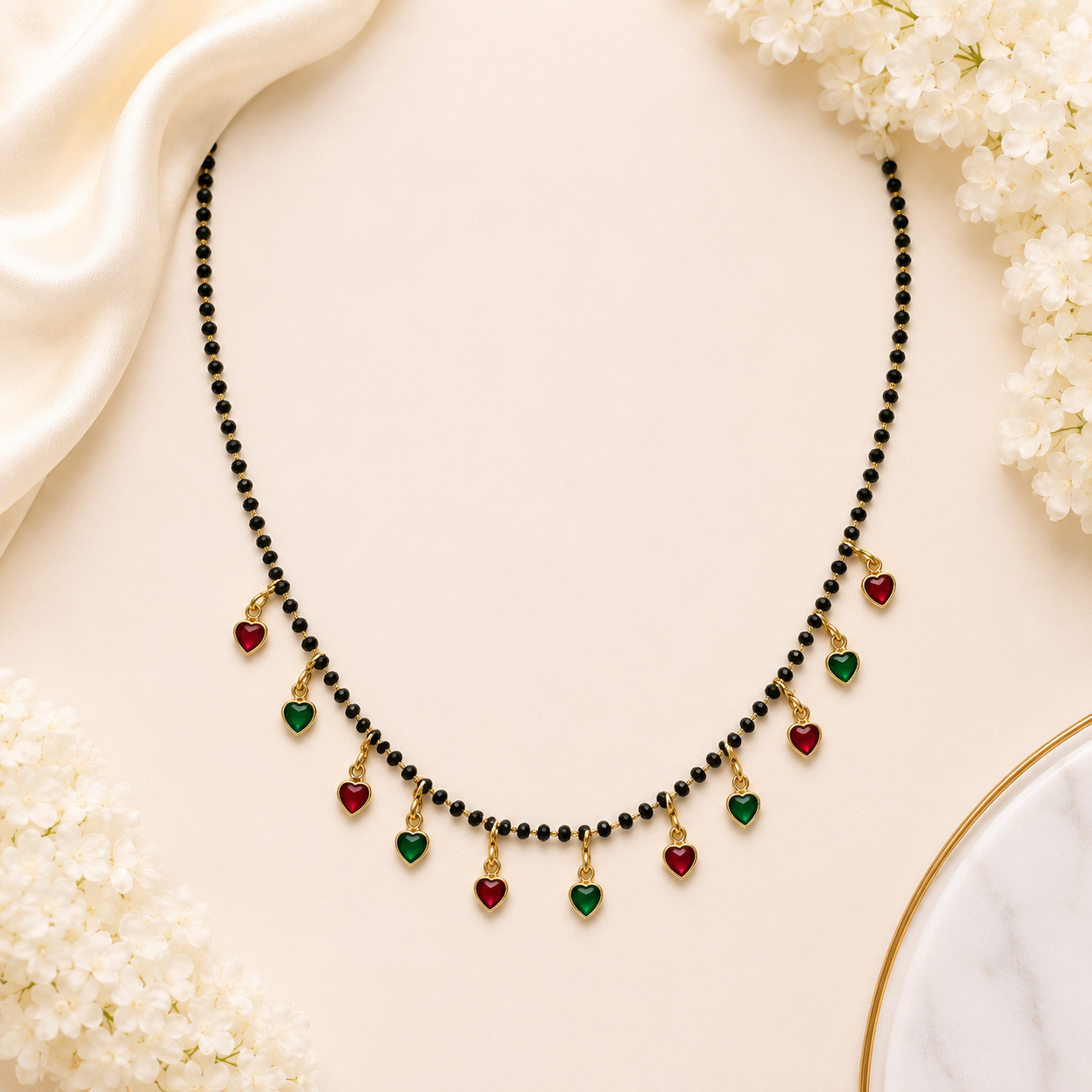 Designer Multicolor Heart Charm Black Bead Mangalsutra Necklace