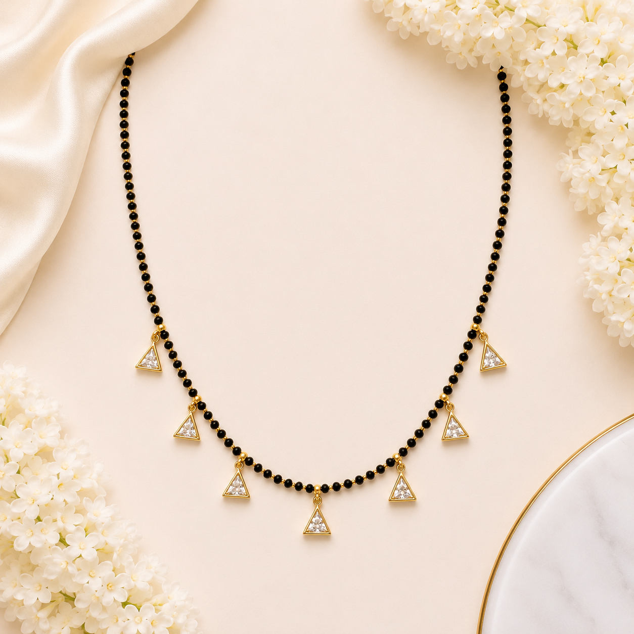 Modern Triangle Charm Black Bead Necklace